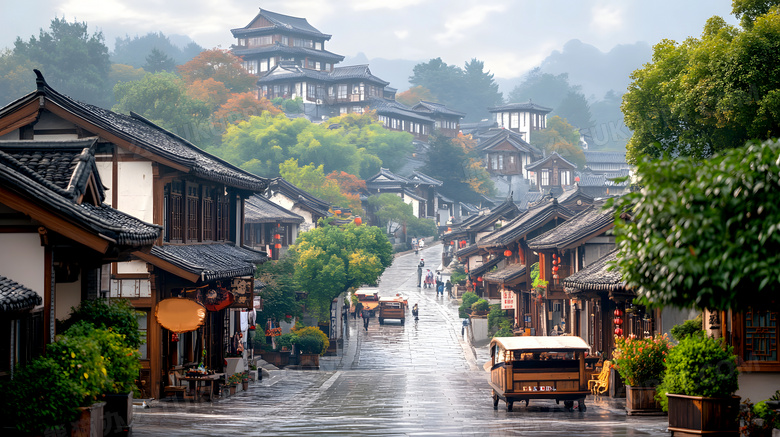 雨后古镇中式古建筑街道图片