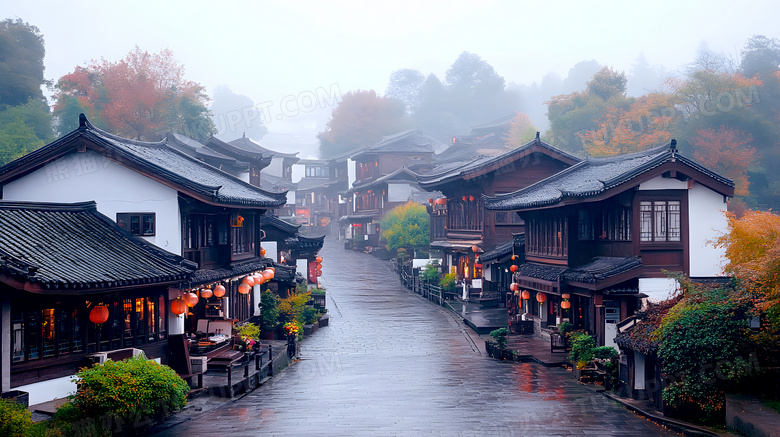 秋天雨后古镇中式古建筑石板路图片