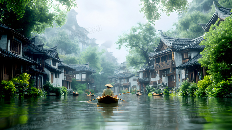 江南水乡古镇中式古建筑小河小船图片
