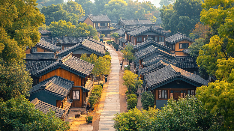 中式古镇房屋建筑场景图片