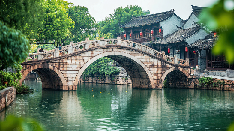 中式古镇建筑石桥图片