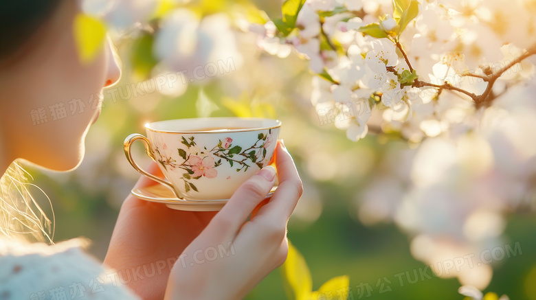 在花园里喝茶的女子图片