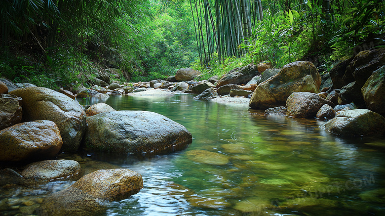 森林小溪河流绿树图片