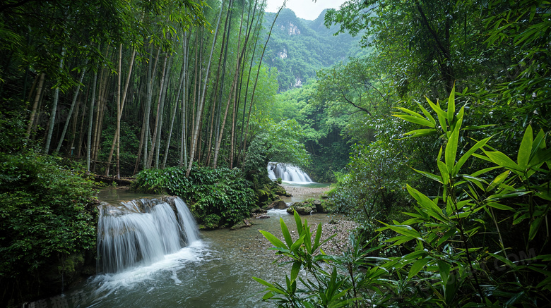 春天大自然瀑布河流山水美景图片