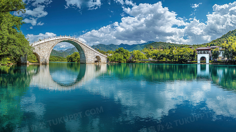 天空云层小桥流水风光图片