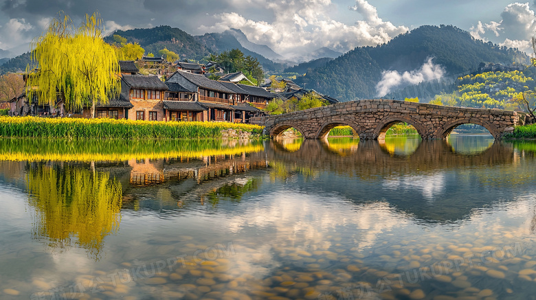 天空云层小桥流水风光图片