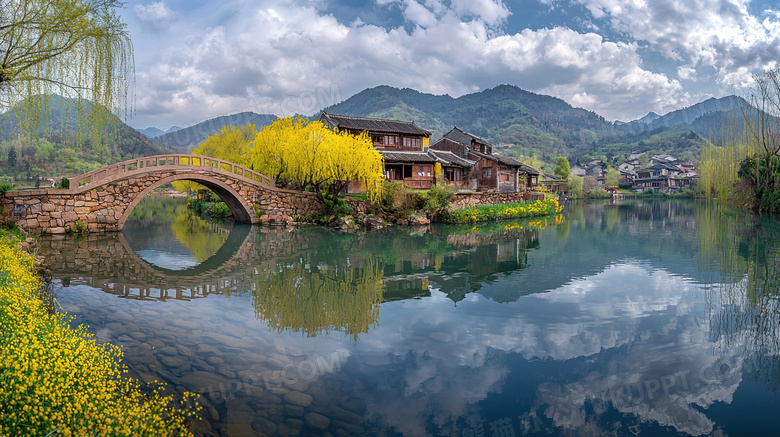 天空云层小桥流水风光图片