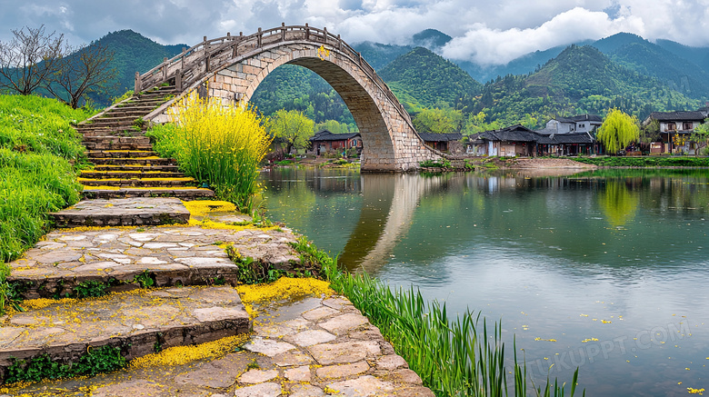 天空云层小桥流水风光图片