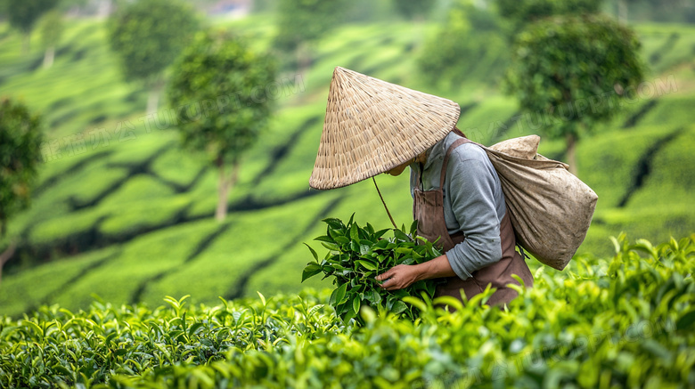 在茶园采摘春茶女孩图片