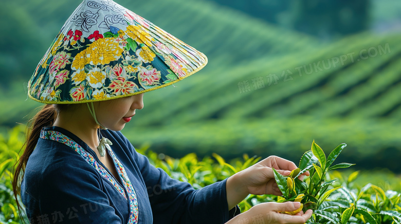 在茶园采摘春茶女孩图片