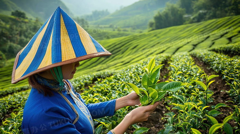 在茶园采摘春茶女孩图片