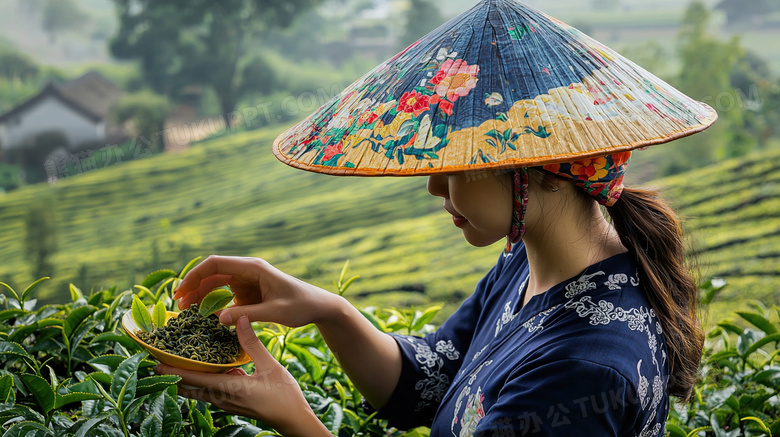 在茶园采摘春茶女孩图片