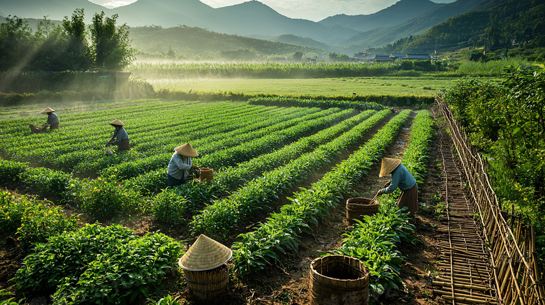 绿色茶园里采摘春茶茶农图片