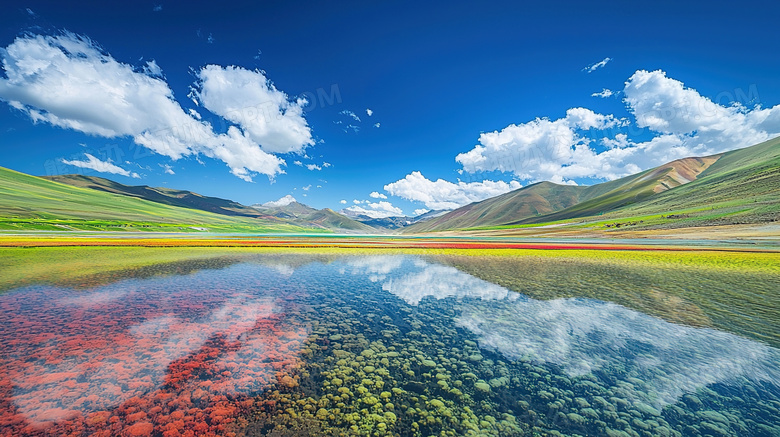 绿色大自然草地小溪河流天空图片