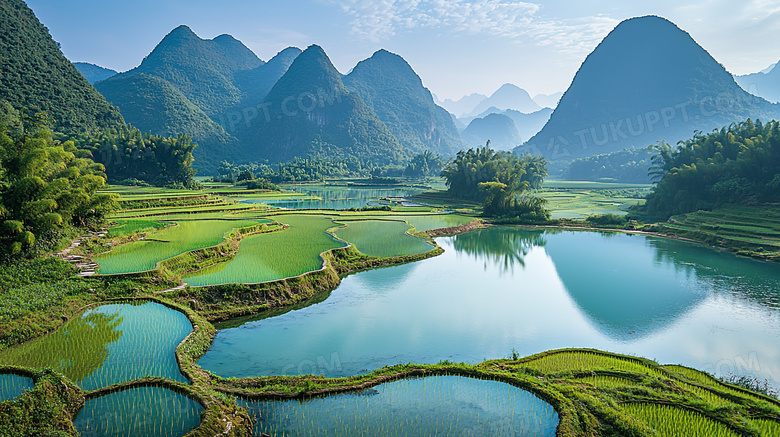 绿色大自然草地小溪河流天空图片