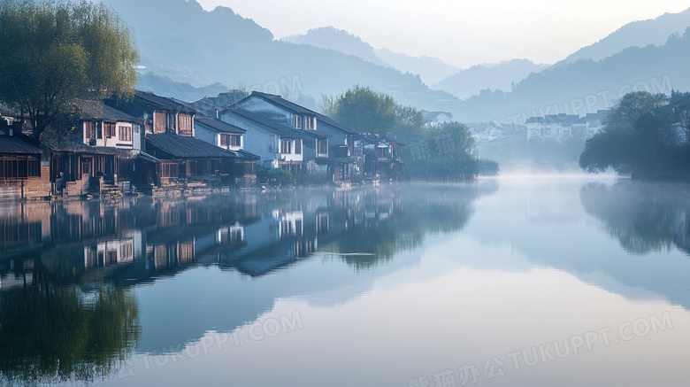 晨雾中的乡村美景图片