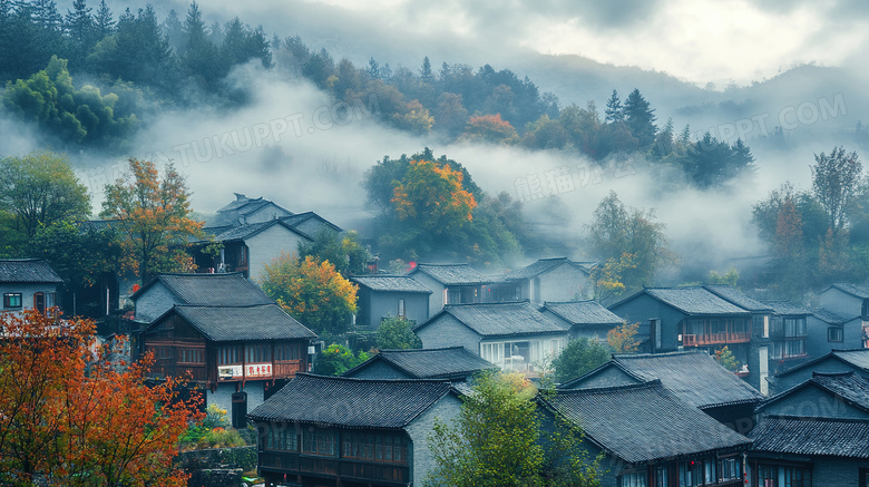 晨雾中的乡村美景图片