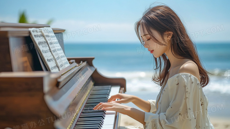 女子在海边弹钢琴唯美场景图片