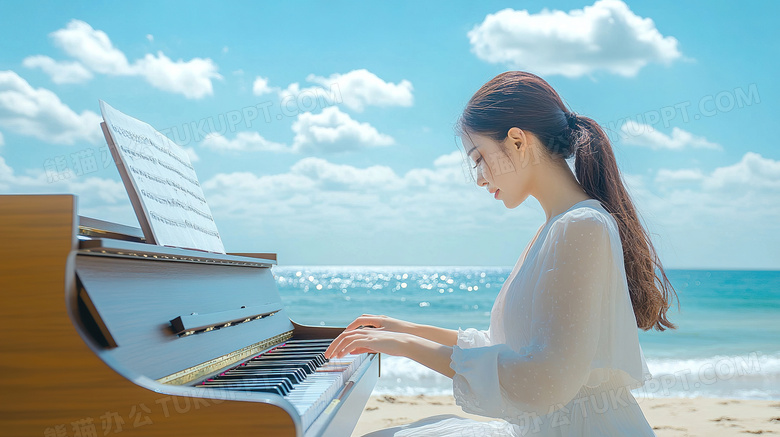 女子在海边弹钢琴唯美场景图片