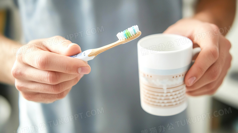 一位男士端着水杯拿着牙刷图片