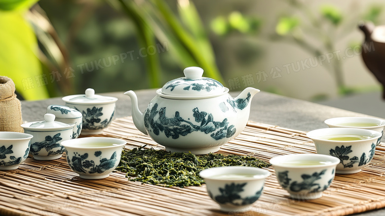 竹席上的青花瓷茶具和茶叶图片