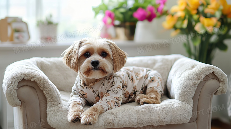 穿着花衣服趴在宠物沙发上的萌犬图片