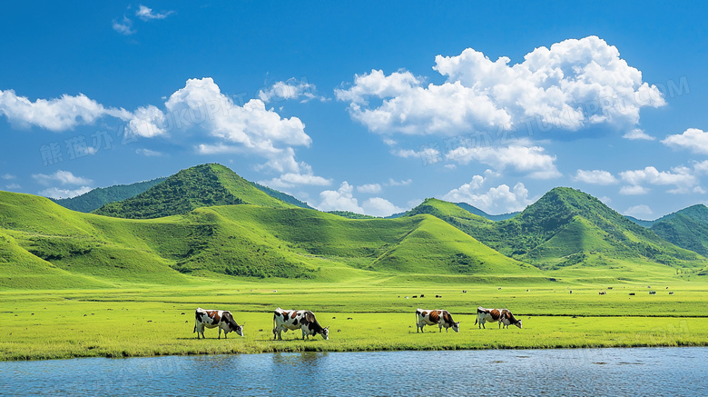 蔚蓝天空大草原奶牛山水景色图片