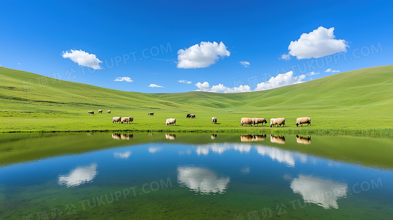 蔚蓝天空大草原奶牛山水景色图片