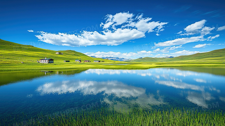 蓝天白云辽阔大草原山水风景图片