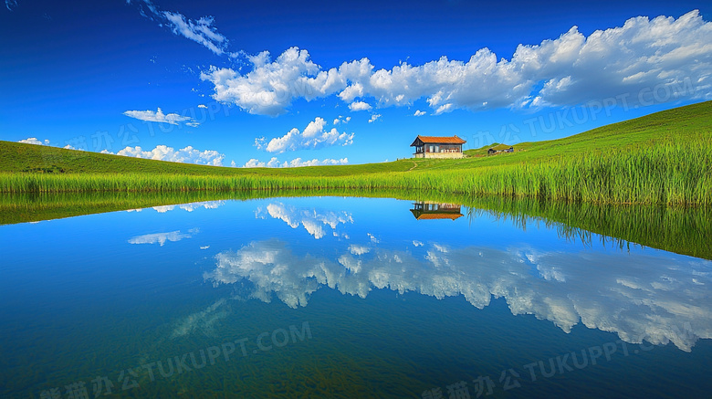 蓝天白云辽阔大草原山水风景图片