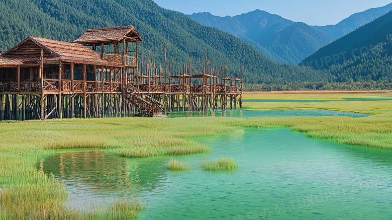 大自然平静湖面山水建筑景色图片