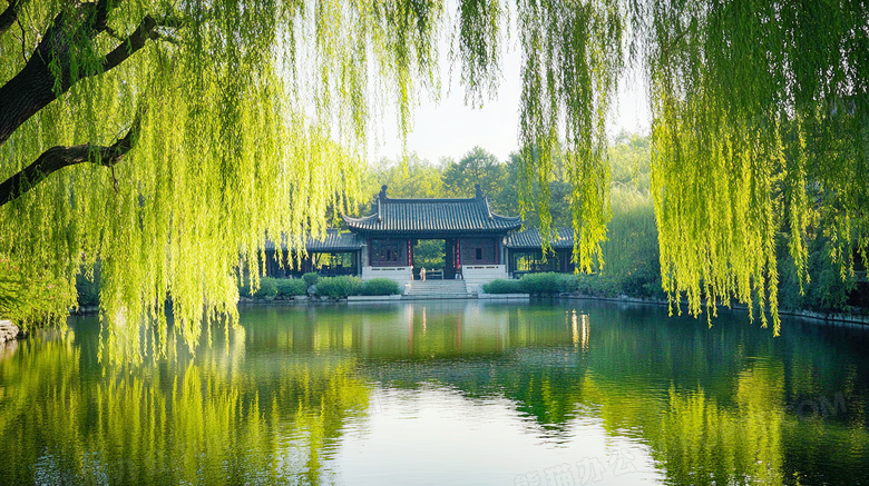 茂盛的柳树与古建筑风景图片