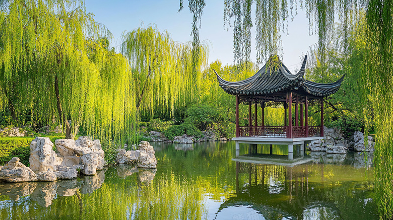 茂盛的柳树与凉亭风景图片