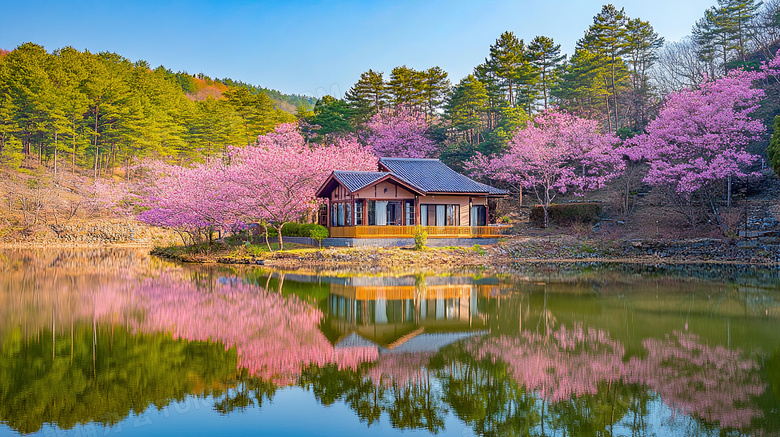 春天开满桃花的湖边小屋风景图片