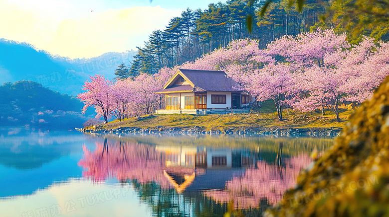 春天开满桃花的湖边小屋风景图片