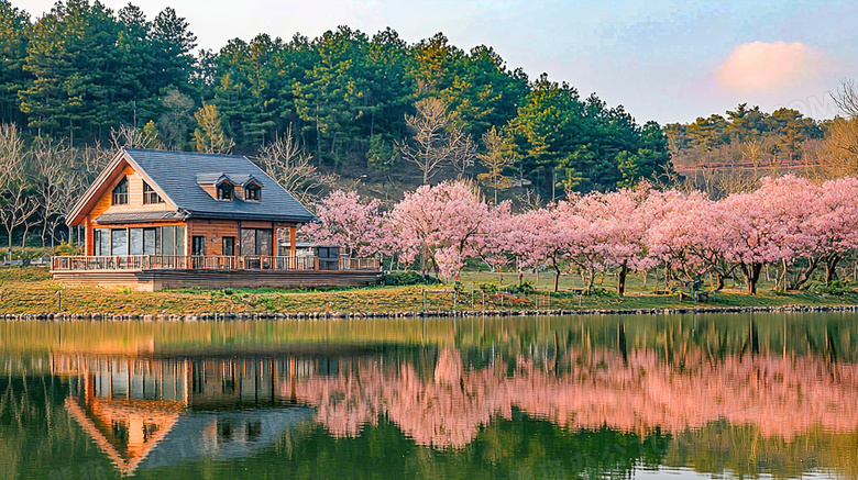 春天开满桃花的湖边小屋风景图片