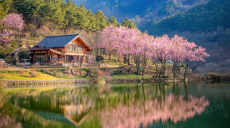 春天开满桃花的湖边小屋风景图片