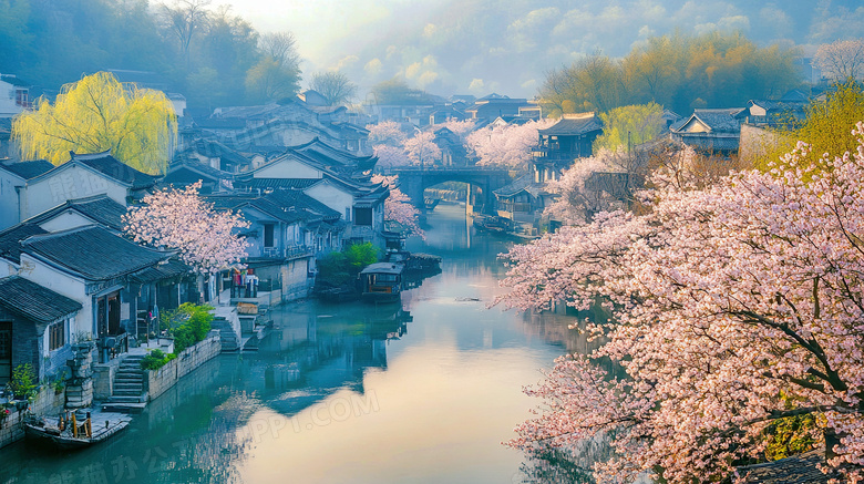 春天古镇樱花盛开优美风景图片