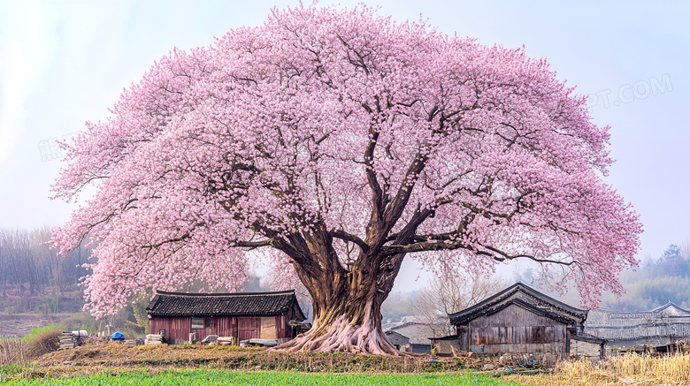 乡村巨大老樱花树开花风景图片