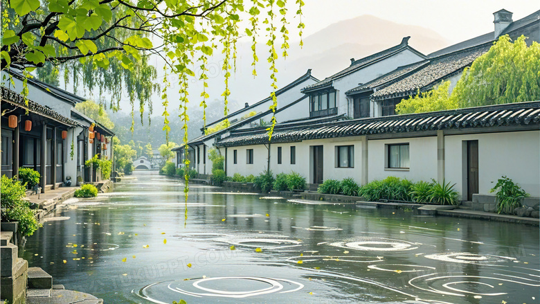 烟雨山水江南古镇清明节气场景图片