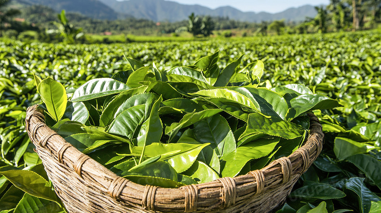 户外茶园里篮子里新鲜采摘的茶叶图片