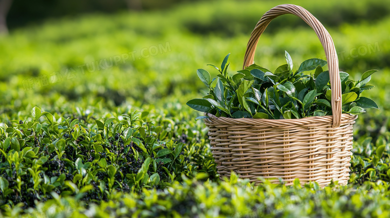 茶园里篮子里新鲜采摘的茶叶图片