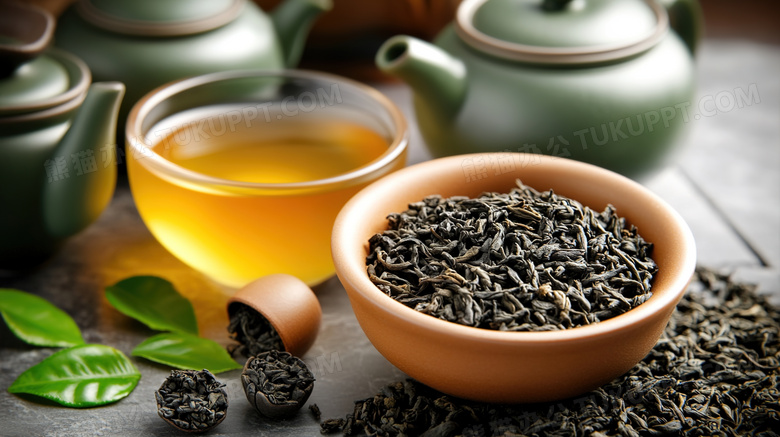 碗里摆放的茶叶图片