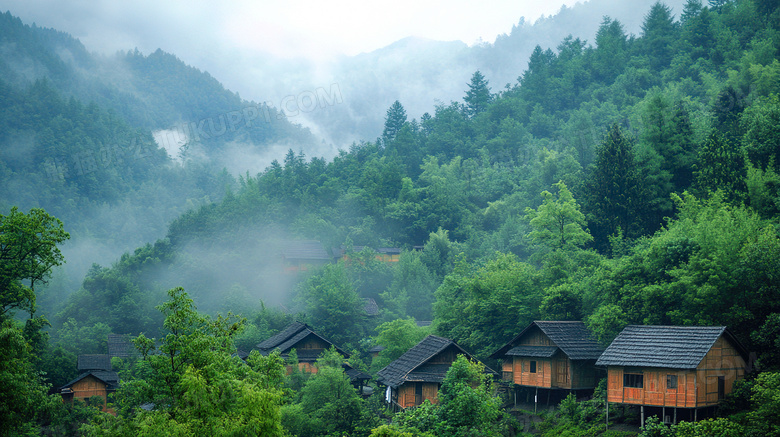 山村民房与茂密森林场景图片