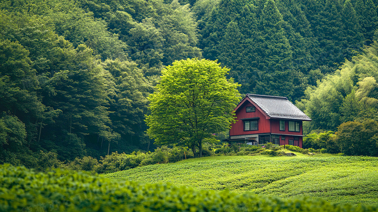 山村民房与茂密森林场景图片