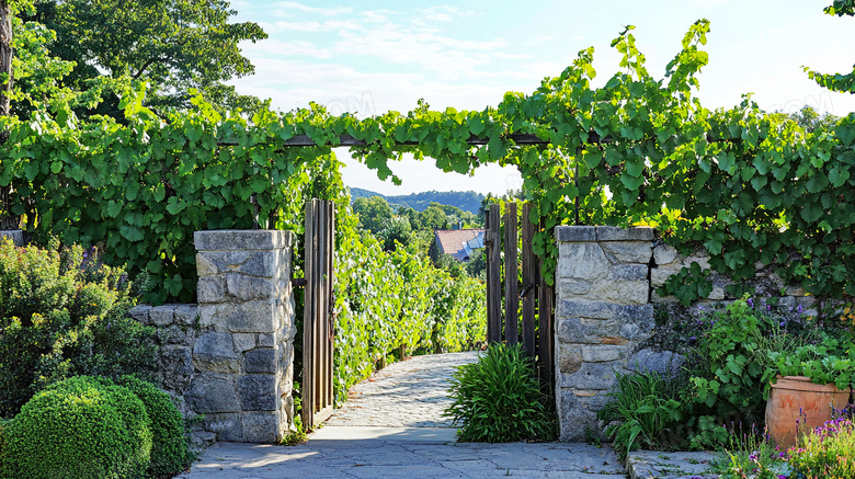 夏天门口围墙上旺盛的爬藤植物图片