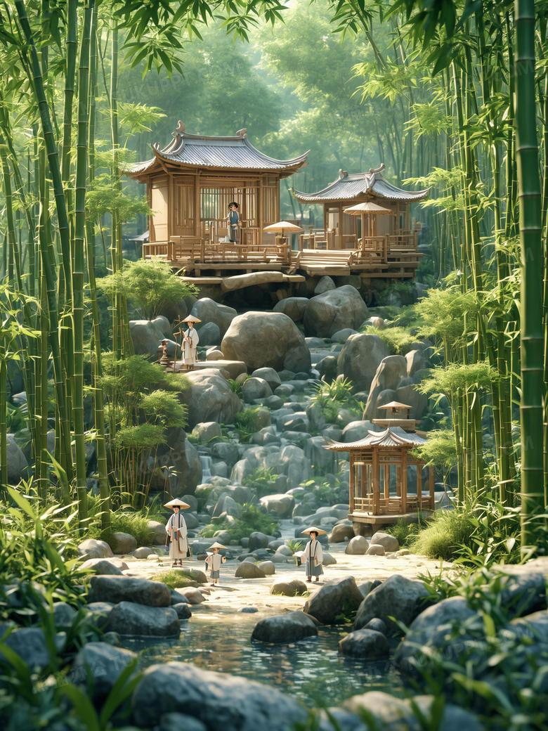 盲盒风格竹林有一座竹子做的亭子
