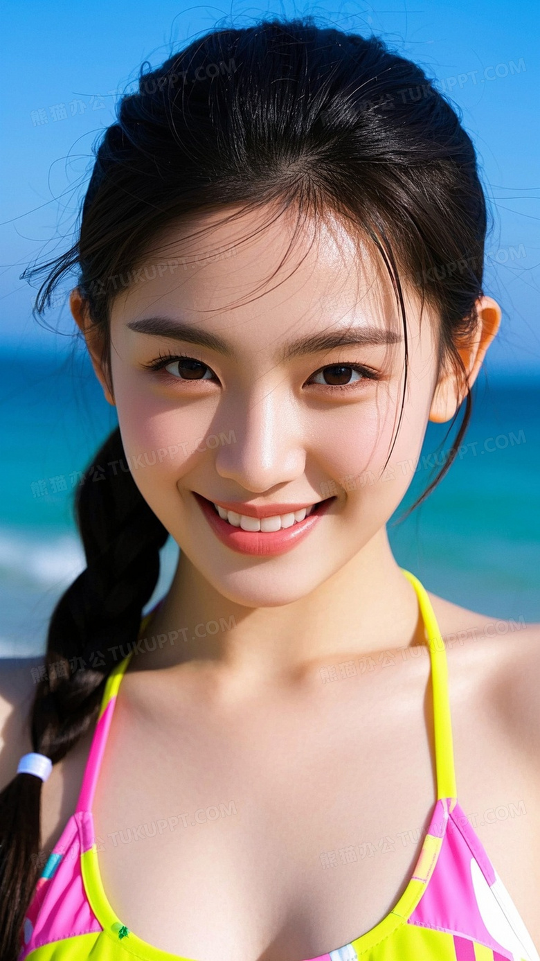 夏日海边阳光明媚一位高颜值的女孩