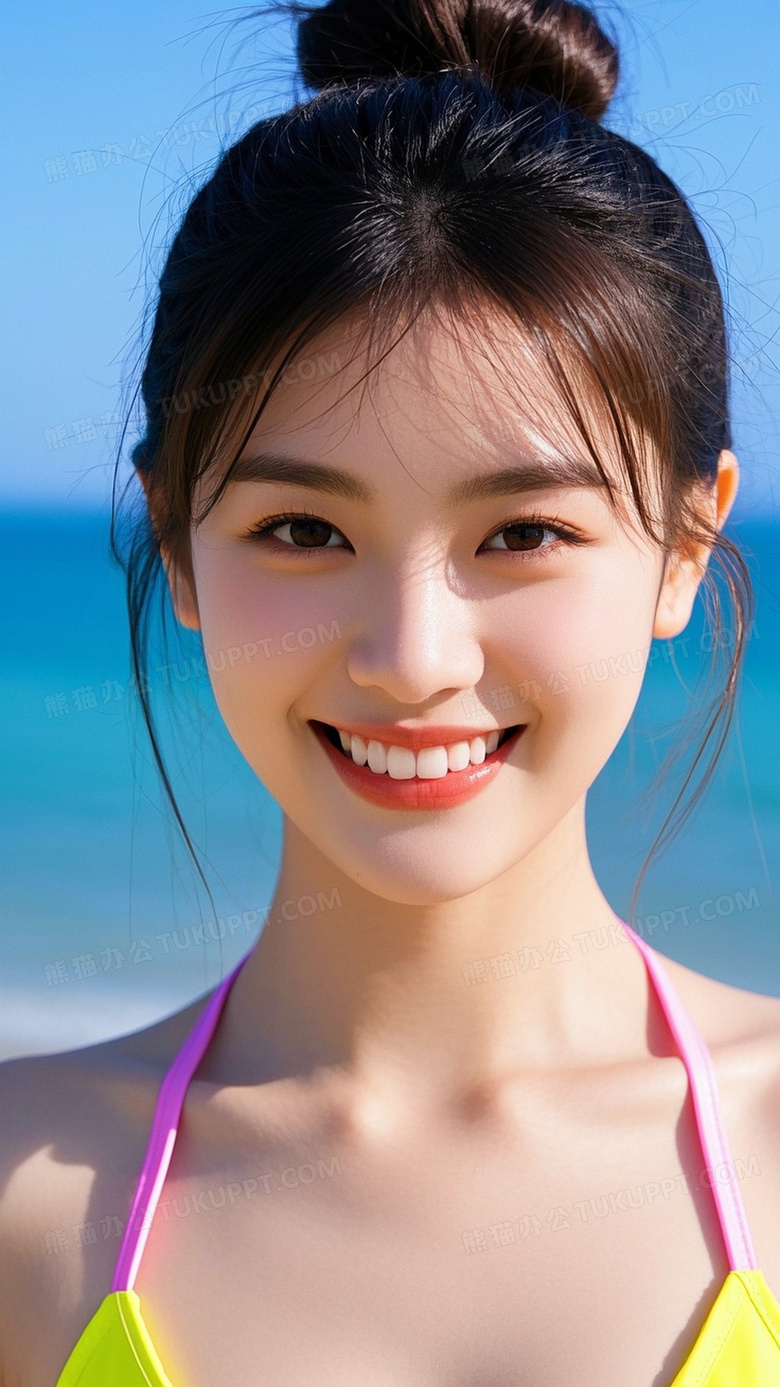 夏日海边阳光明媚一位高颜值的女孩