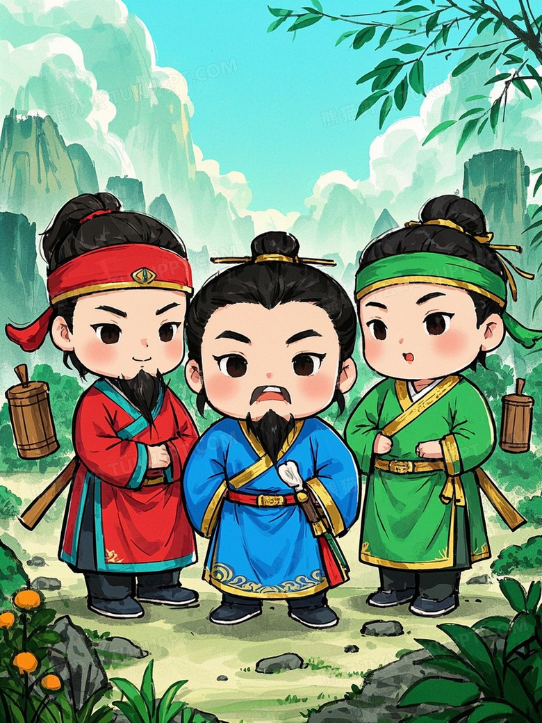 可爱Q版桃园三结义红蓝绿金